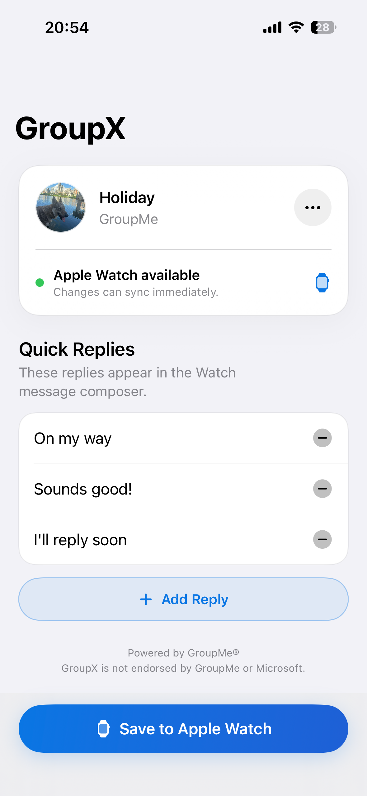 GroupX setup screen on iPhone
